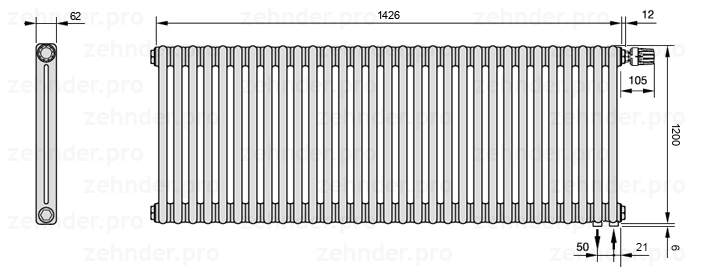 Схема (чертеж) Радиатор Zehnder Charleston 2120/31 №V002 Белый глянцевый RAL 9016